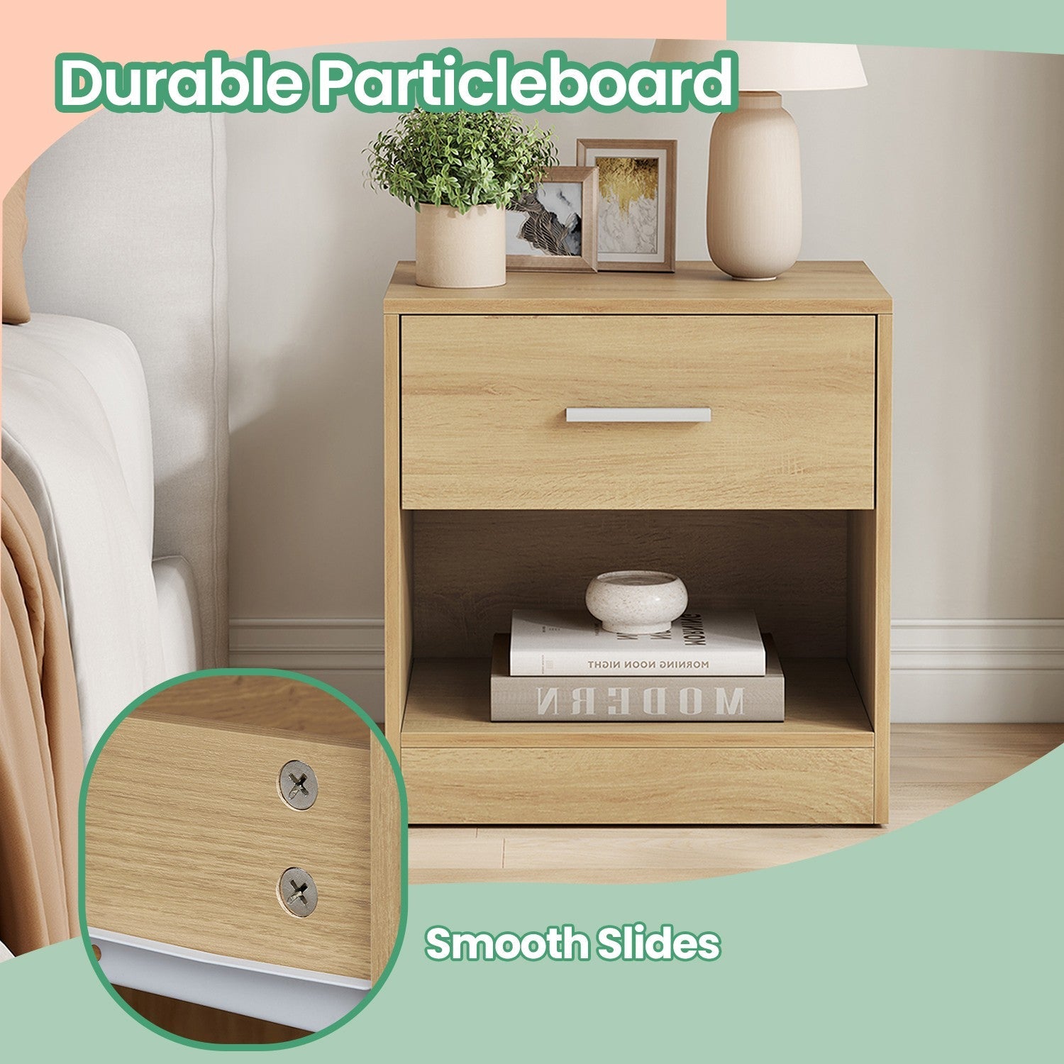 Bedside Table – Wood – Classic White/Cblack/Chestnut Brown/Ink Black/Natural Beige/Cloud White – Features Drawer and Open Compartment