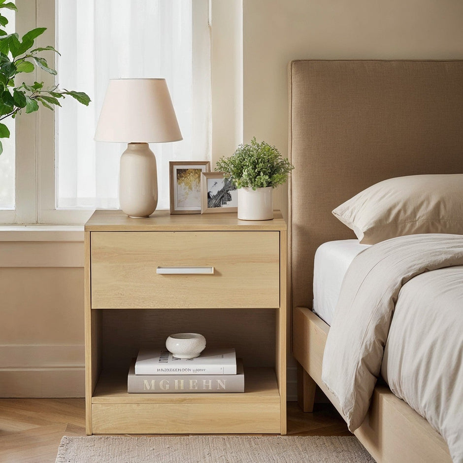 Bedside Table – Wood – Classic White/Cblack/Chestnut Brown/Ink Black/Natural Beige/Cloud White – Features Drawer and Open Compartment