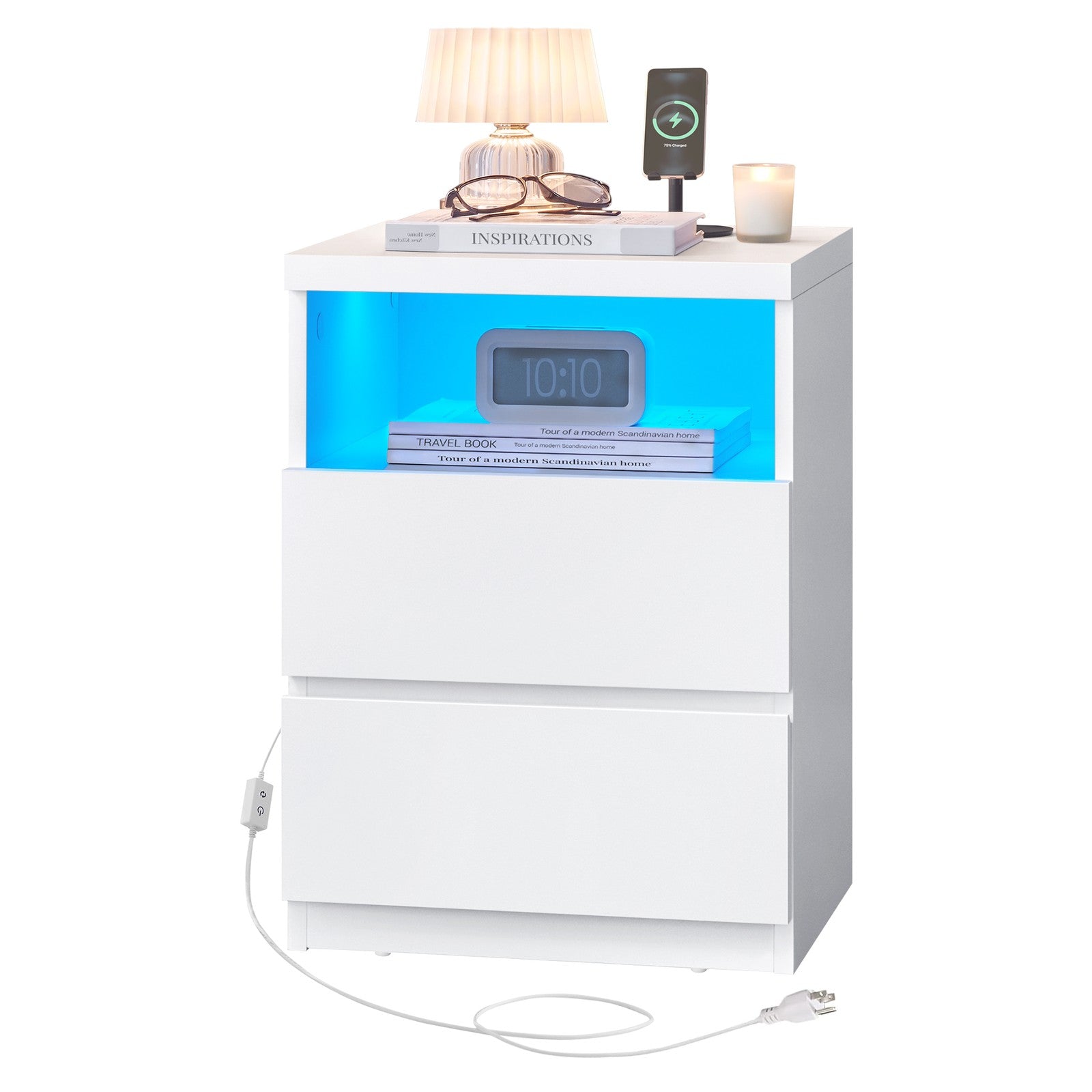 Bedside Table – Wood – White – Adjustable LED Light with Drawers