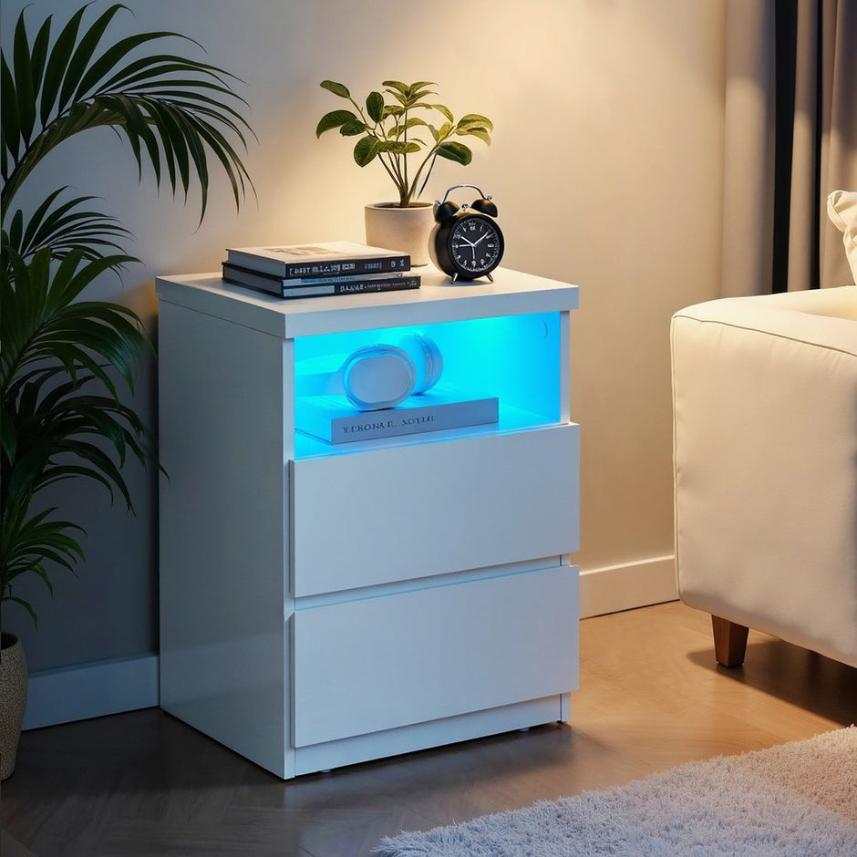 Bedside Table – Wood – White – Adjustable LED Light with Drawers
