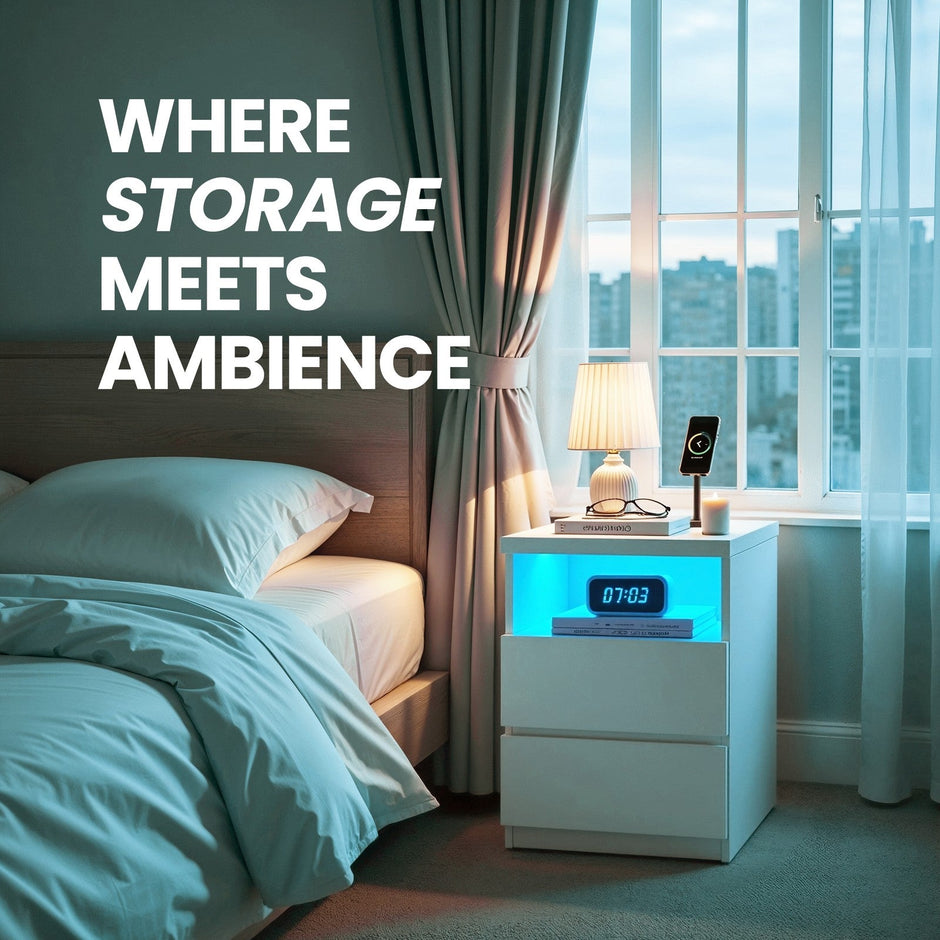 Bedside Table – Wood – White – Adjustable LED Light with Drawers