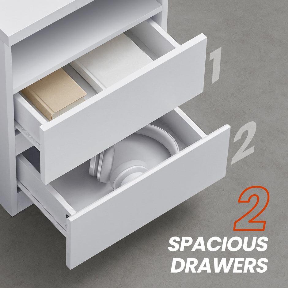 Bedside Table – Wood – White – Adjustable LED Light with Drawers