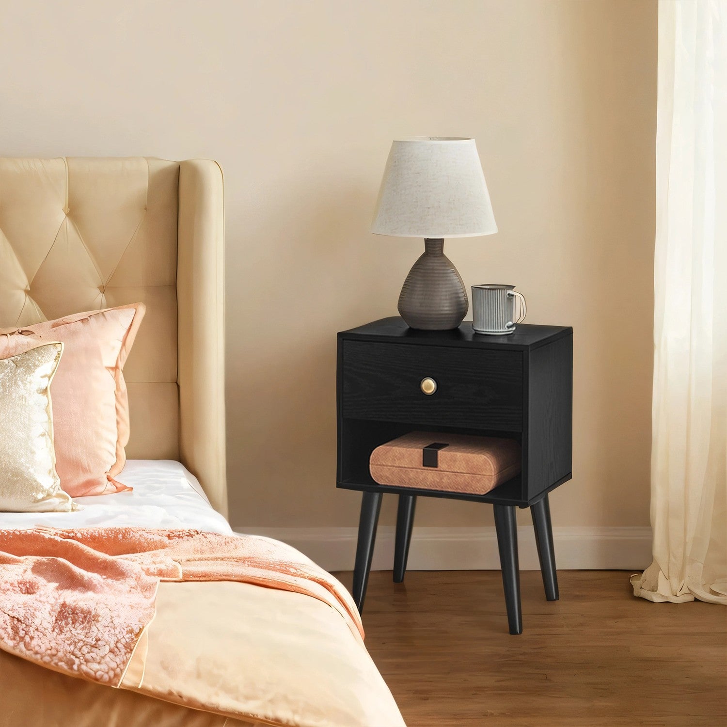 Bedside Table – Solid Wood – Ebony Black – Storage Drawer and Open Shelf