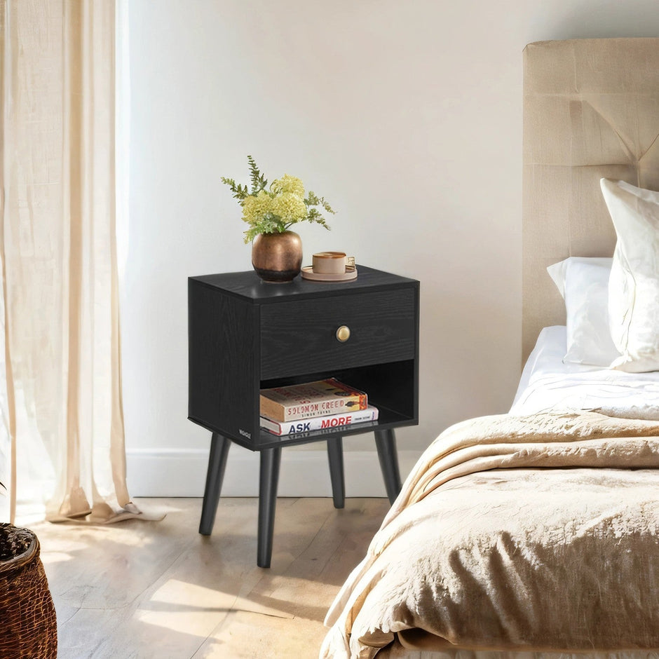 Bedside Table – Solid Wood – Ebony Black – Storage Drawer and Open Shelf