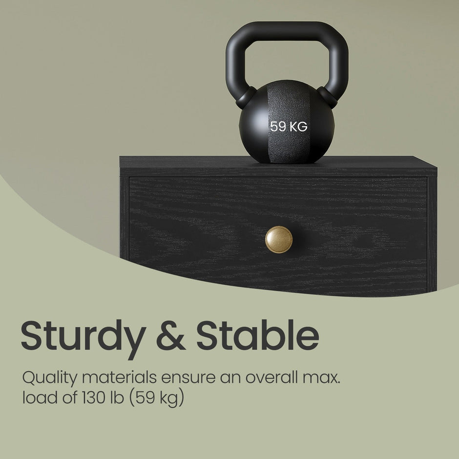 Bedside Table – Solid Wood – Ebony Black – Storage Drawer and Open Shelf