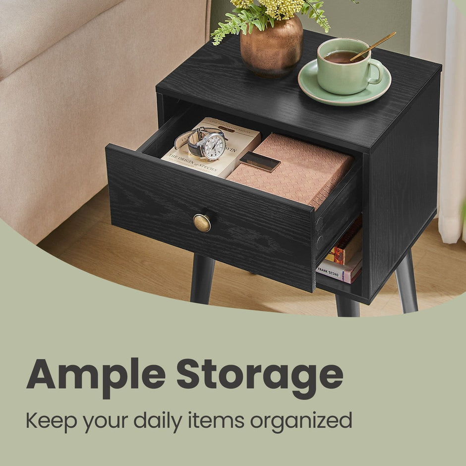 Bedside Table – Solid Wood – Ebony Black – Storage Drawer and Open Shelf