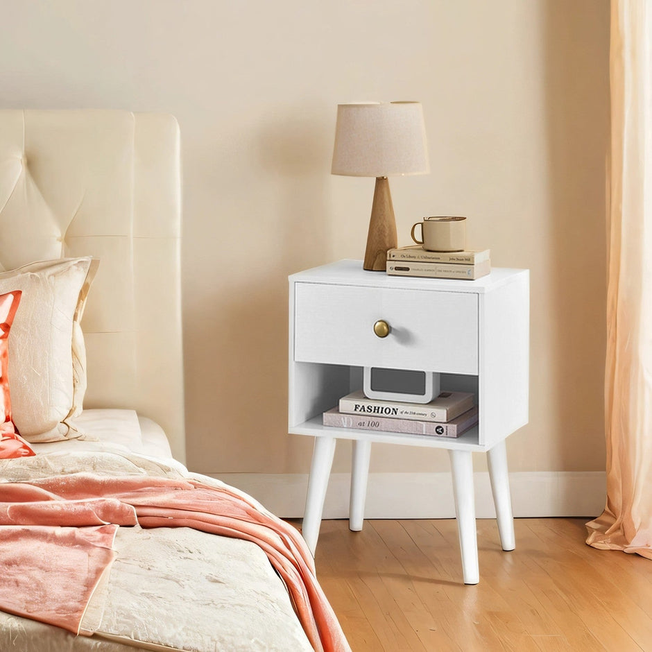 Bedside Table – Solid Wood – Ebony Black – Storage Drawer and Open Shelf
