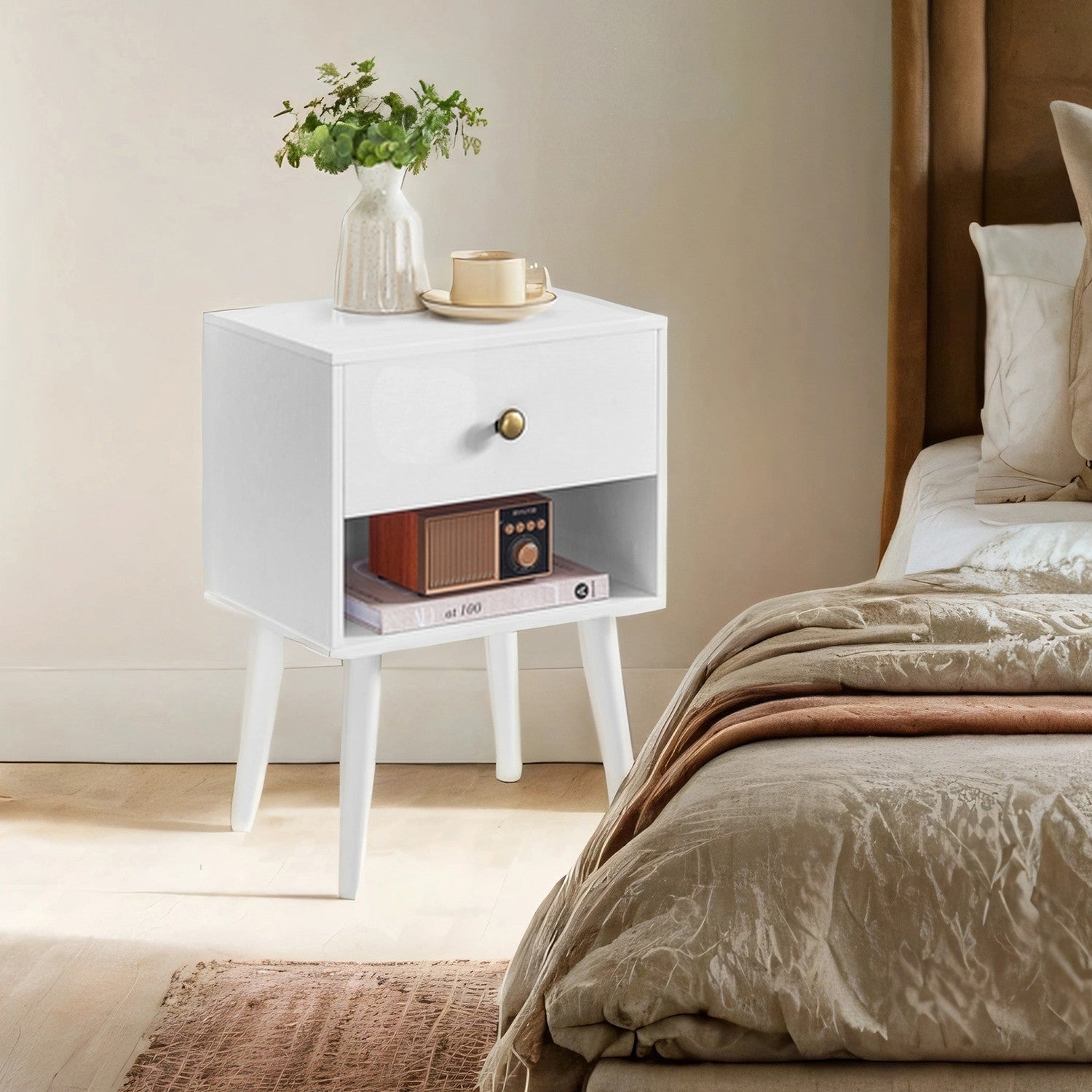 Bedside Table – Solid Wood – Ebony Black – Storage Drawer and Open Shelf