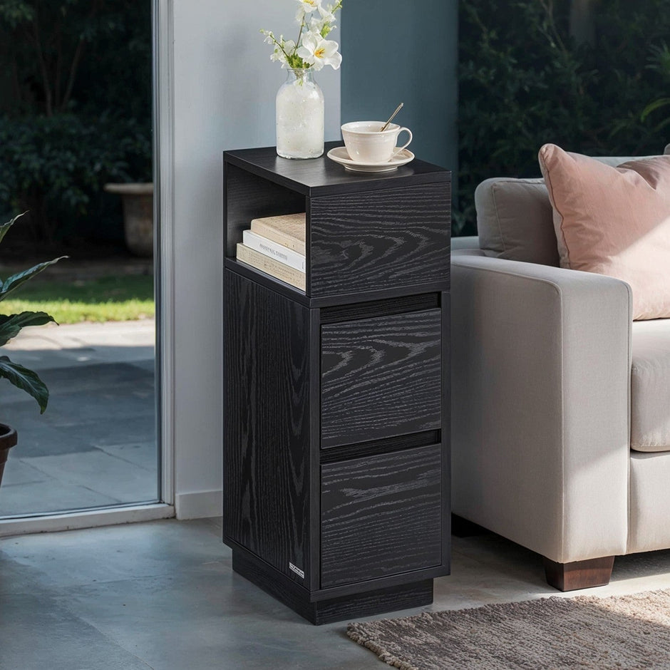 Narrow Side Table – Wood – Black – 2 Drawers and Open Compartment for Flexible Storage