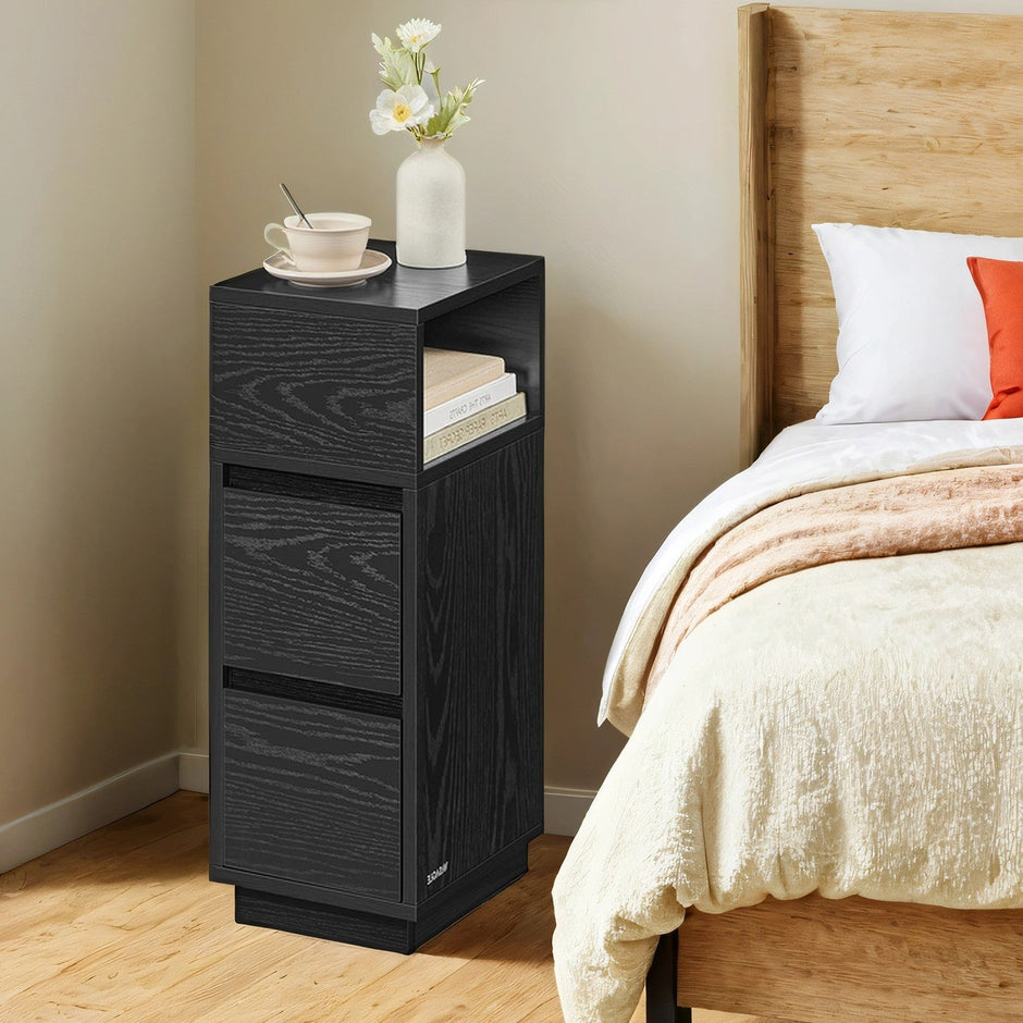 Narrow Side Table – Wood – Black – 2 Drawers and Open Compartment for Flexible Storage