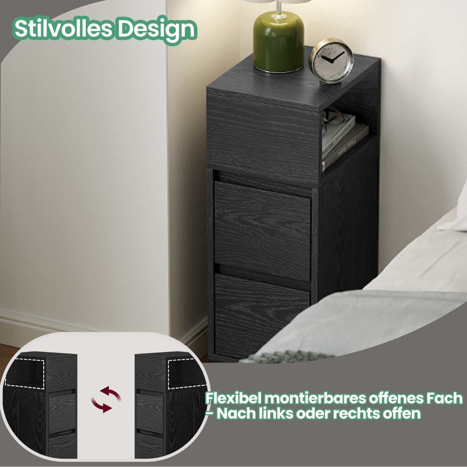 Narrow Side Table – Wood – Black – 2 Drawers and Open Compartment for Flexible Storage