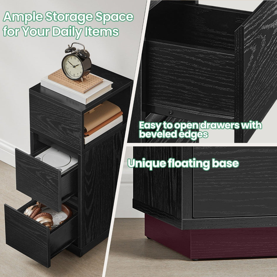 Narrow Side Table – Wood – Black – 2 Drawers and Open Compartment for Flexible Storage
