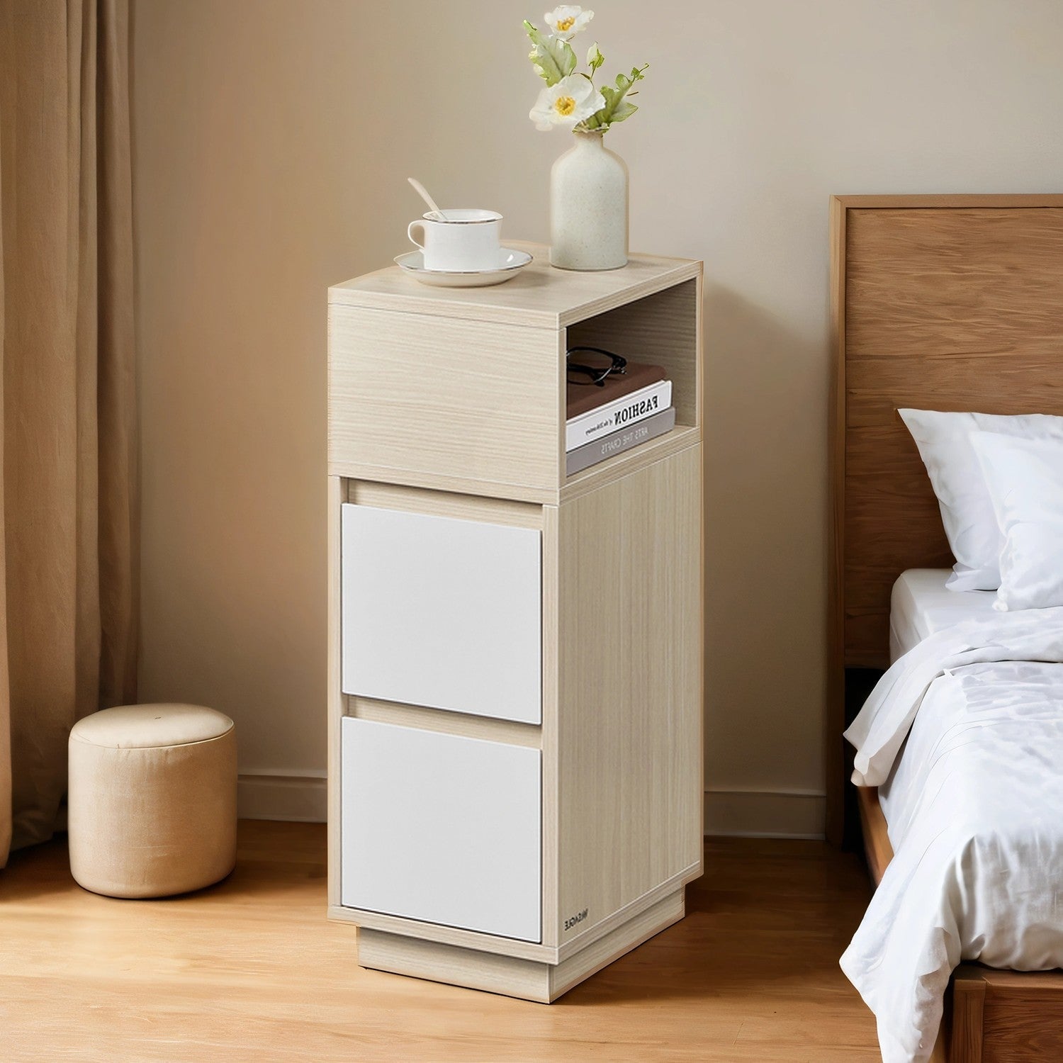 Narrow Side Table – Wood – Beige – 2 Drawers and Open Compartment