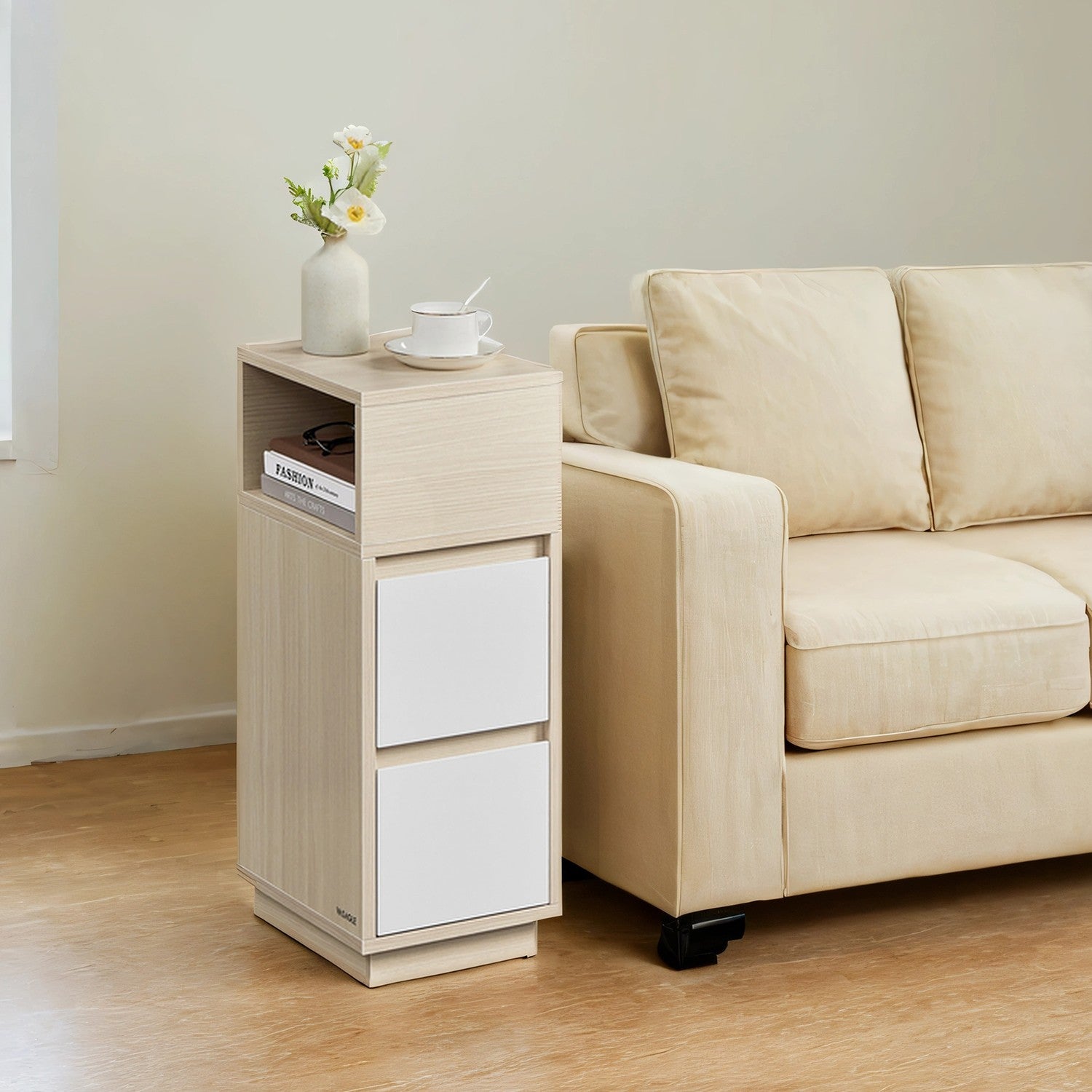 Narrow Side Table – Wood – Beige – 2 Drawers and Open Compartment