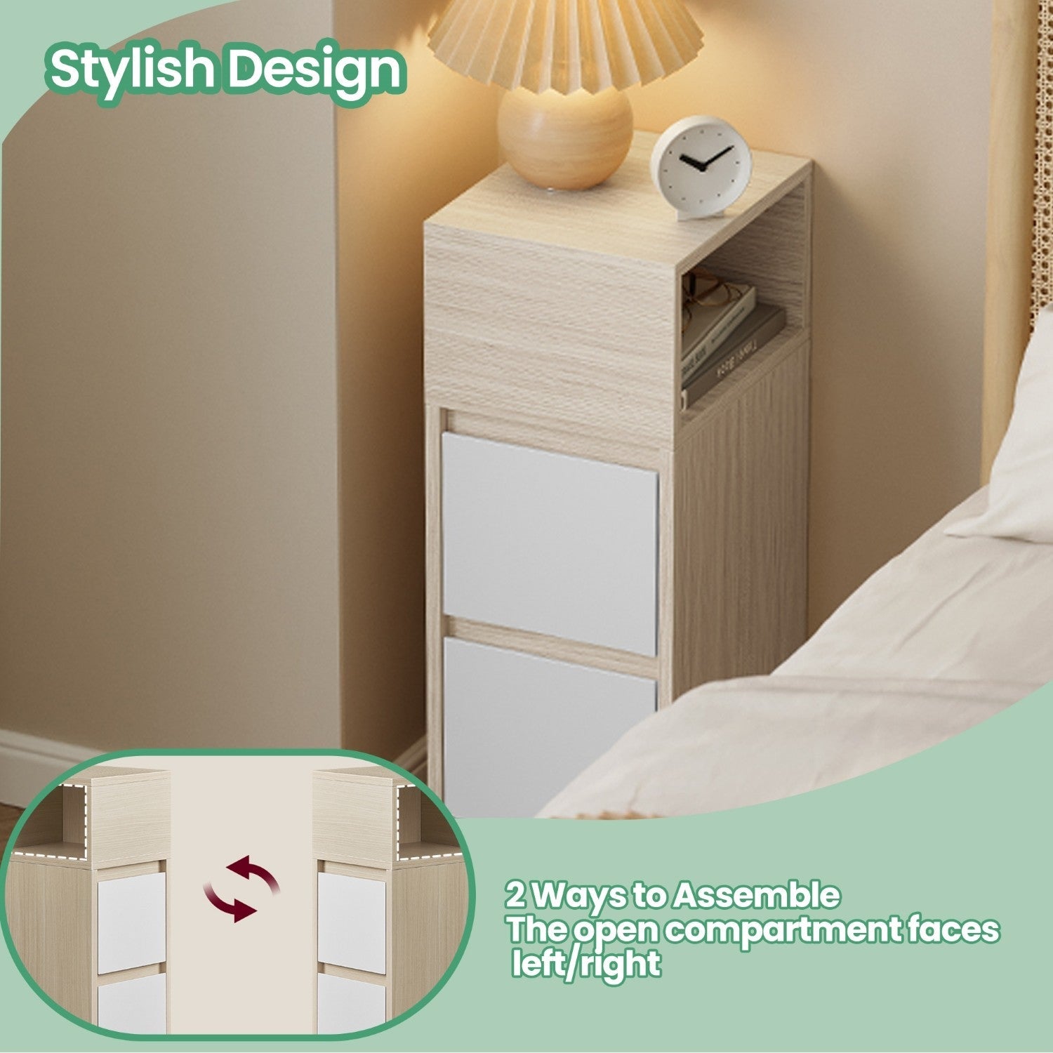 Narrow Side Table – Wood – Beige – 2 Drawers and Open Compartment