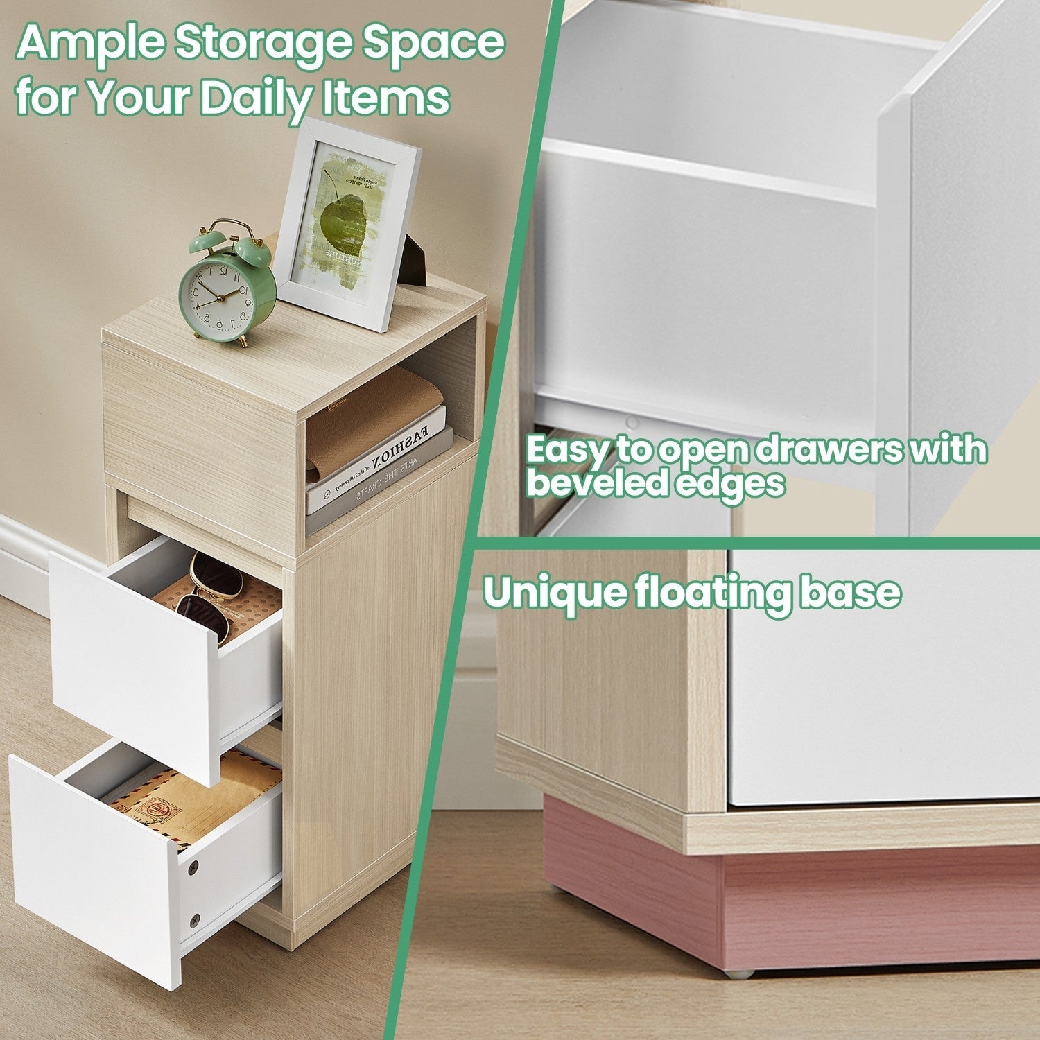 Narrow Side Table – Wood – Beige – 2 Drawers and Open Compartment