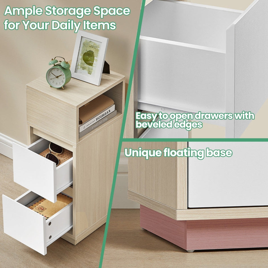 Narrow Side Table – Wood – Beige – 2 Drawers and Open Compartment