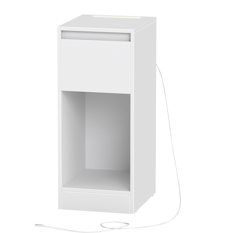 Bedside Tables – Wood – Cloud White – Set of 2 with Charging Station and LED Light