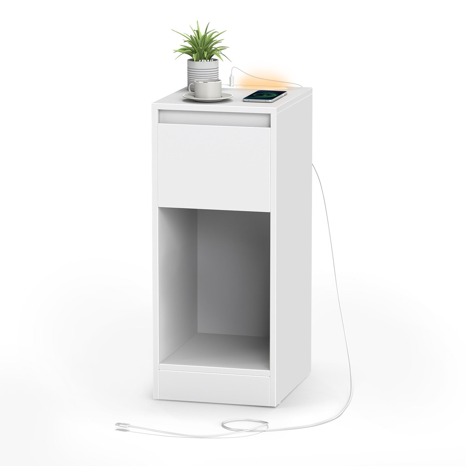 Bedside Tables – Wood – Cloud White – Set of 2 with Charging Station and LED Light