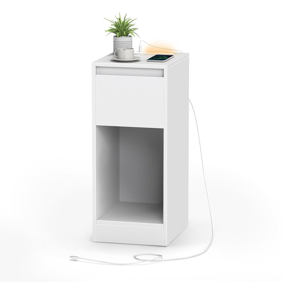 Bedside Tables – Wood – Cloud White – Set of 2 with Charging Station and LED Light