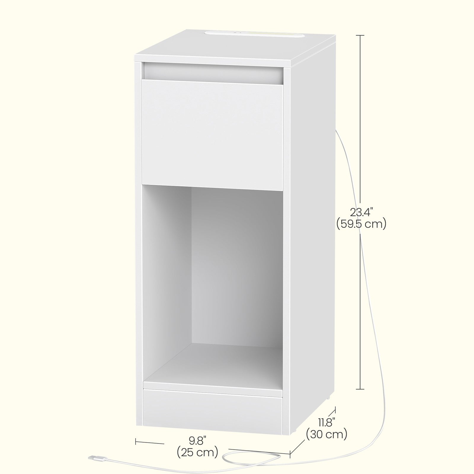 Bedside Tables – Wood – Cloud White – Set of 2 with Charging Station and LED Light