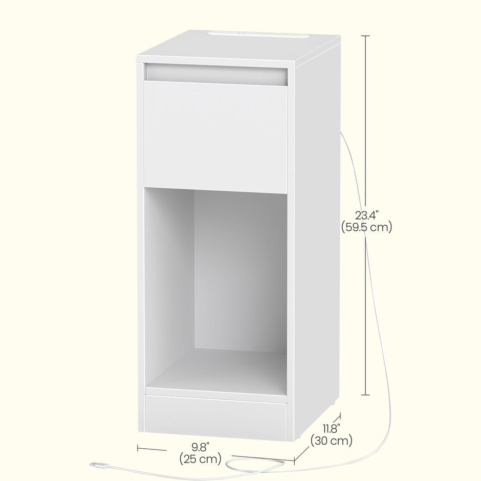Bedside Tables – Wood – Cloud White – Set of 2 with Charging Station and LED Light