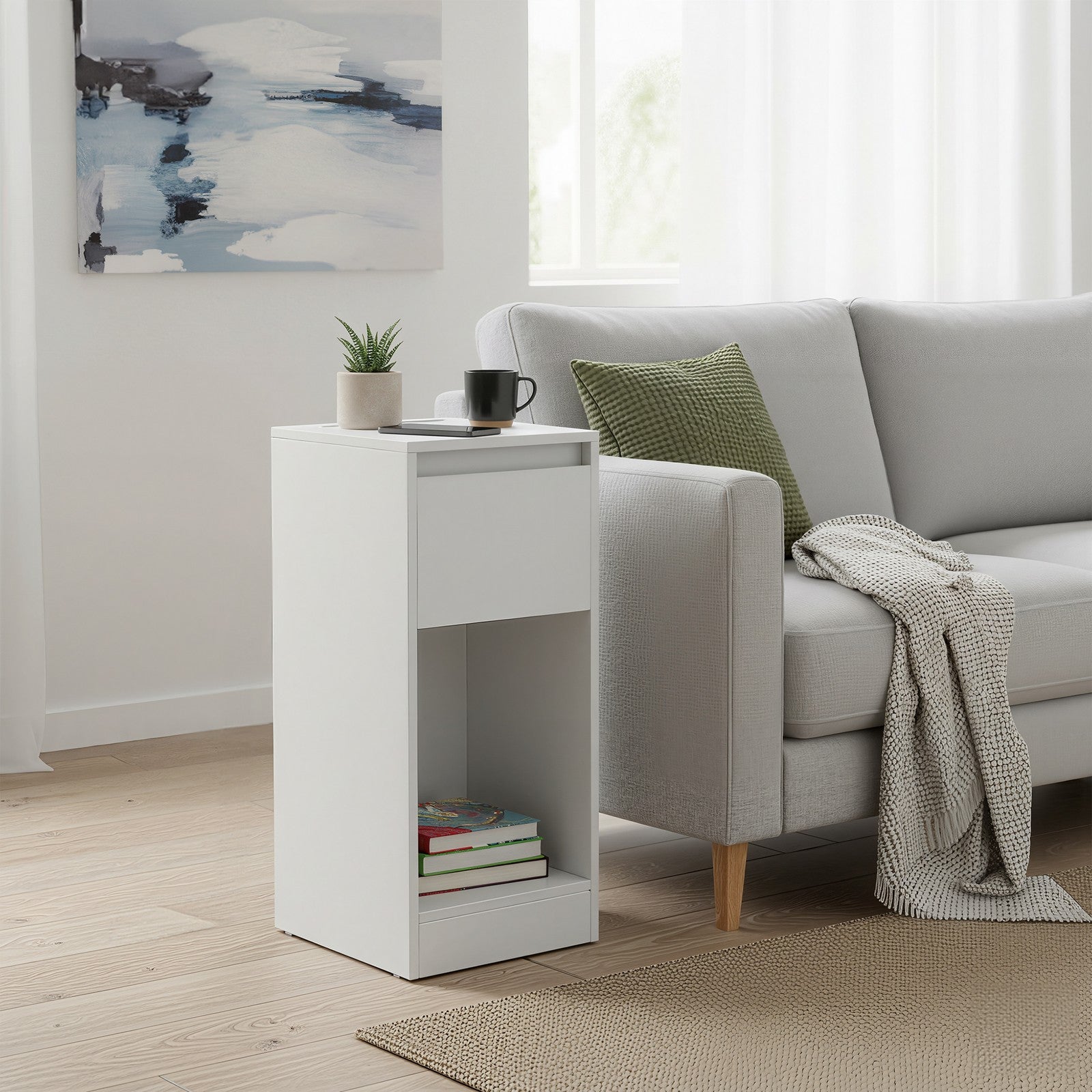 Bedside Tables – Wood – Cloud White – Set of 2 with Charging Station and LED Light