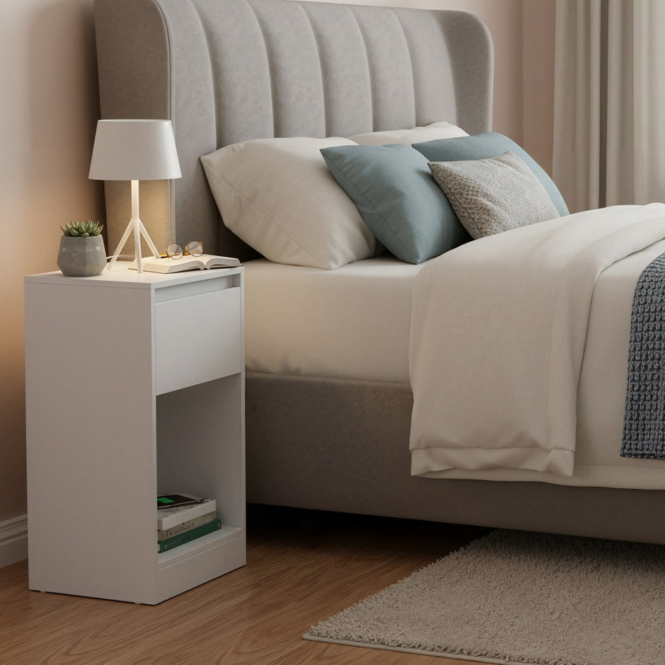 Bedside Tables – Wood – Cloud White – Set of 2 with Charging Station and LED Light