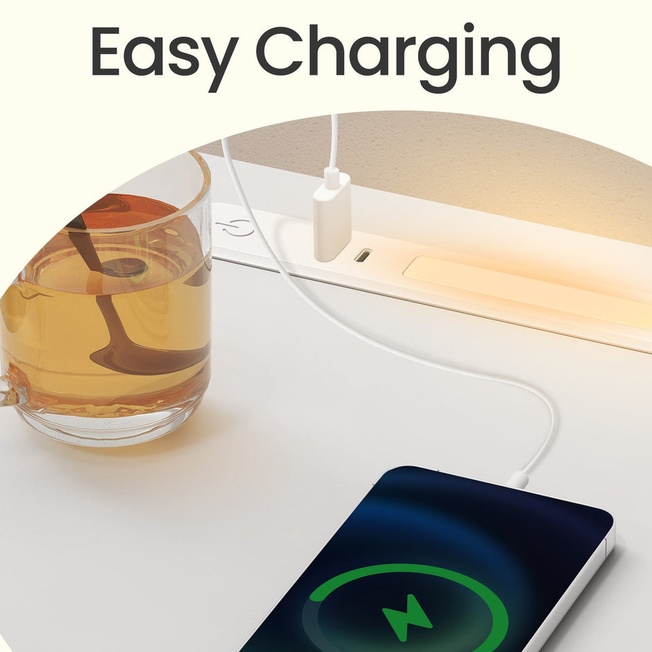 Bedside Tables – Wood – Cloud White – Set of 2 with Charging Station and LED Light