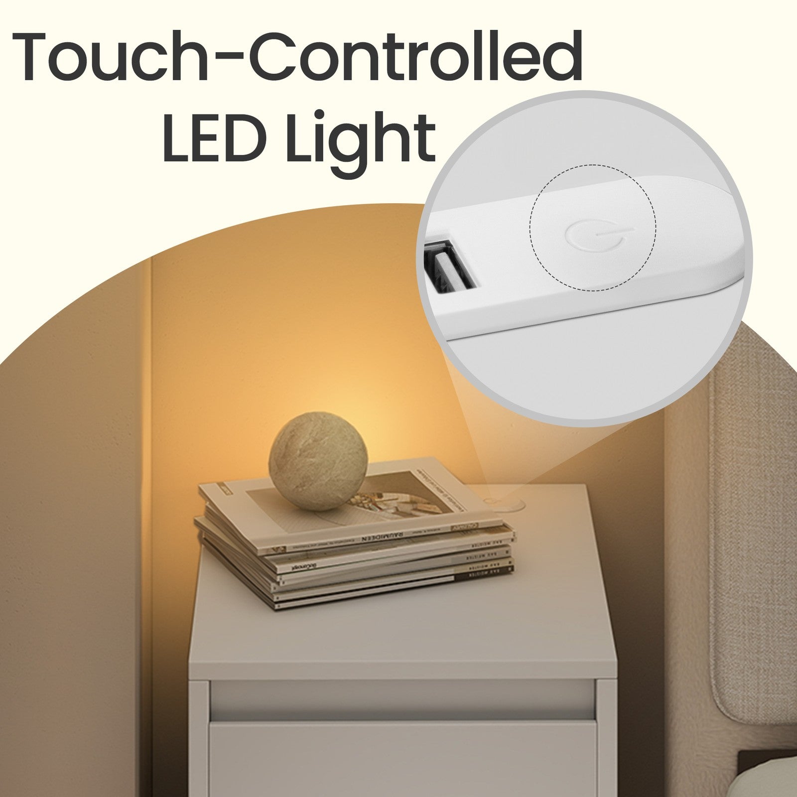 Bedside Tables – Wood – Cloud White – Set of 2 with Charging Station and LED Light