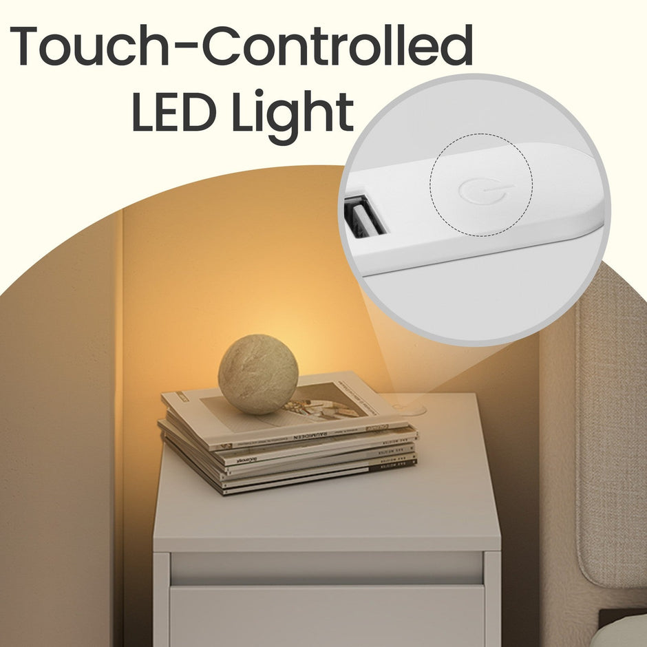 Bedside Tables – Wood – Cloud White – Set of 2 with Charging Station and LED Light