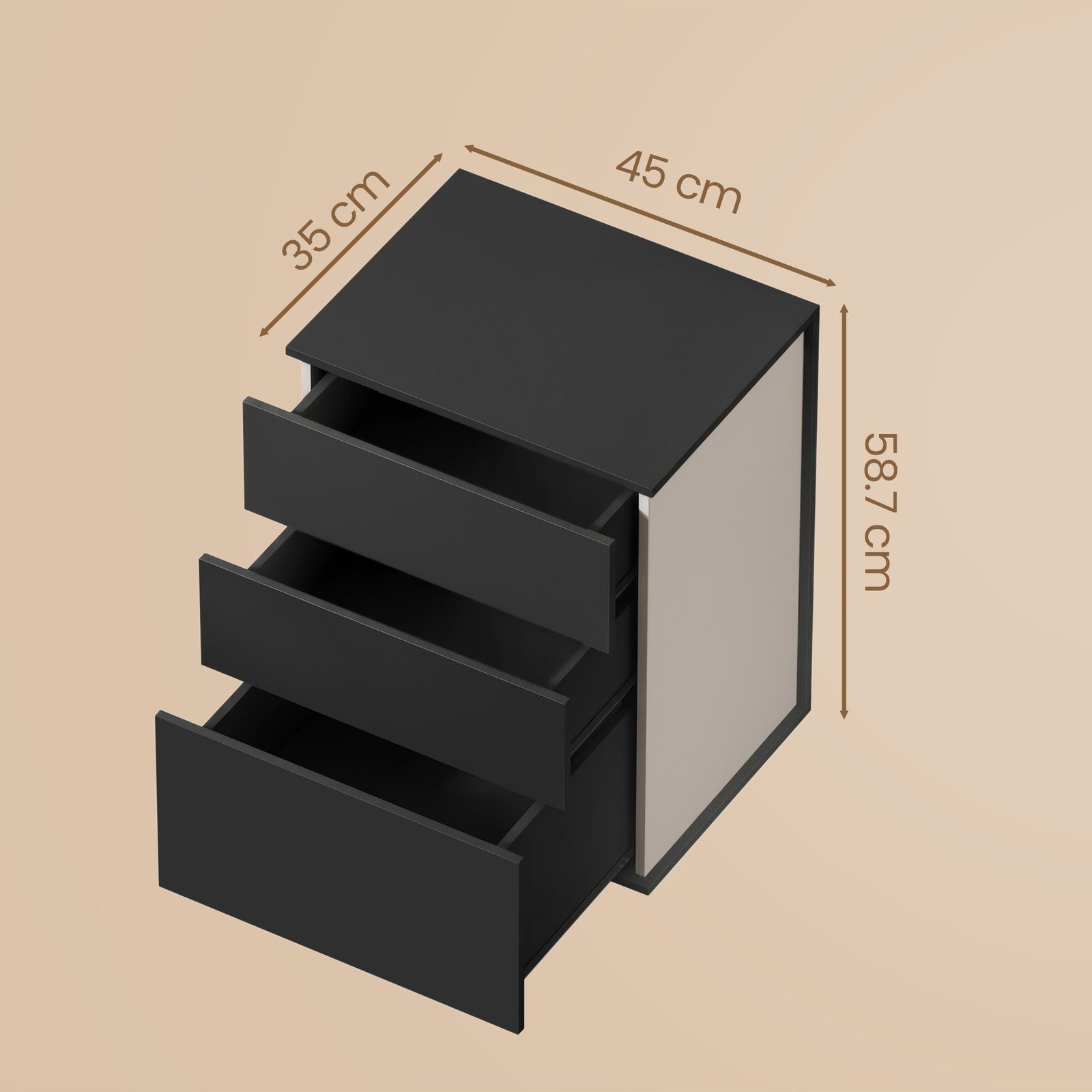 Nightstand – MDF – Matte White and Cappuccino Beige – 3 Storage Drawers, Toolless Assembly
