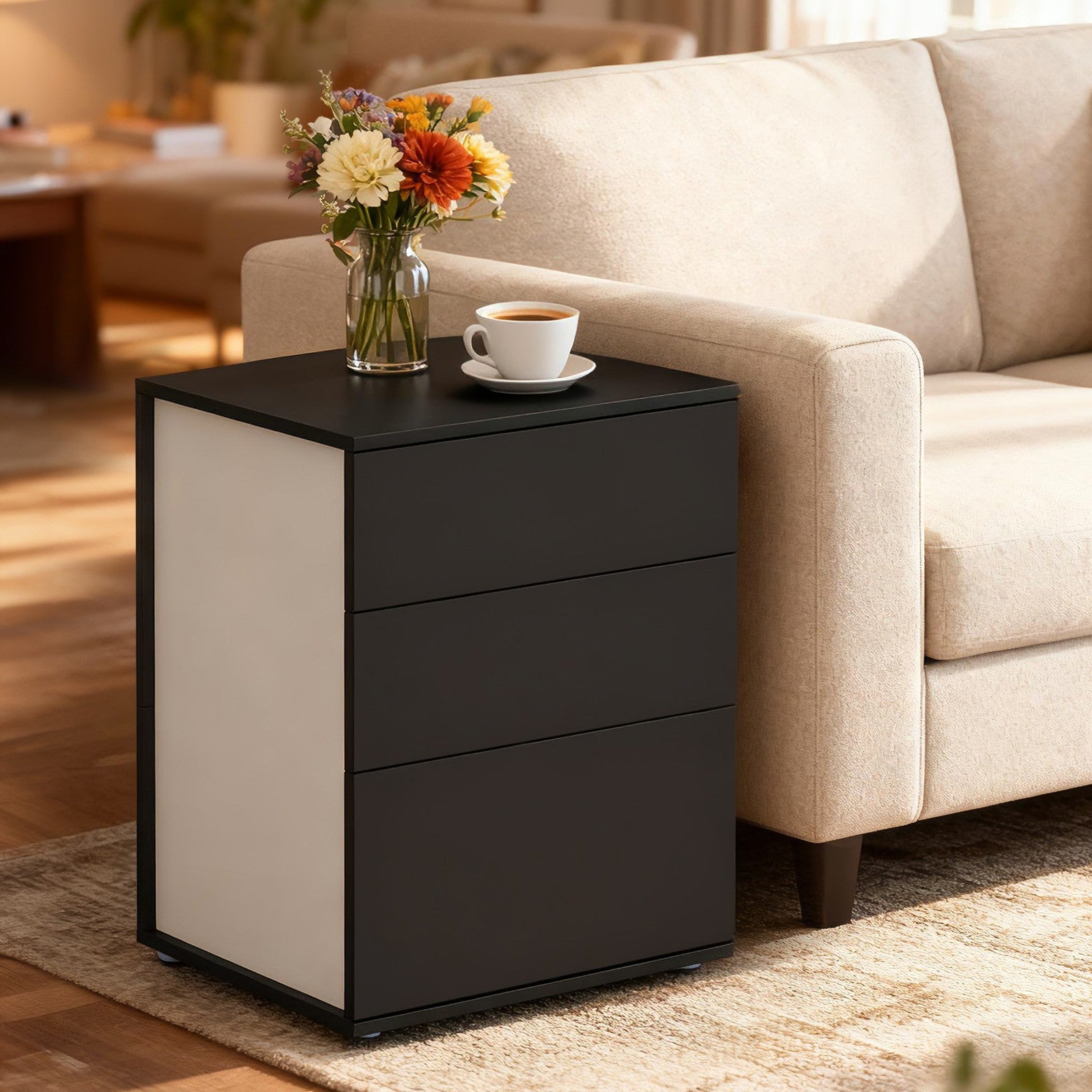Nightstand – MDF – Matte White and Cappuccino Beige – 3 Storage Drawers, Toolless Assembly