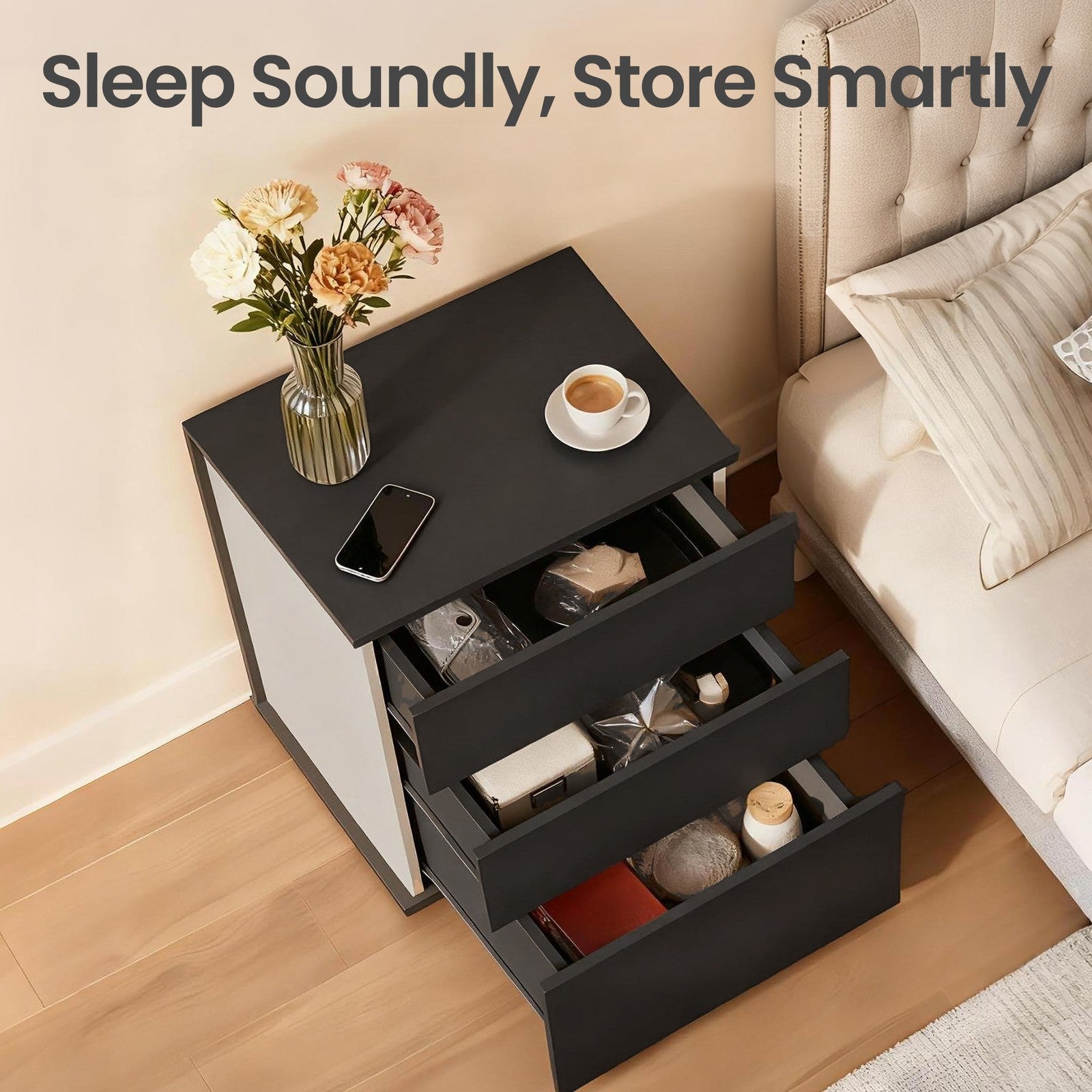 Nightstand – MDF – Matte White and Cappuccino Beige – 3 Storage Drawers, Toolless Assembly