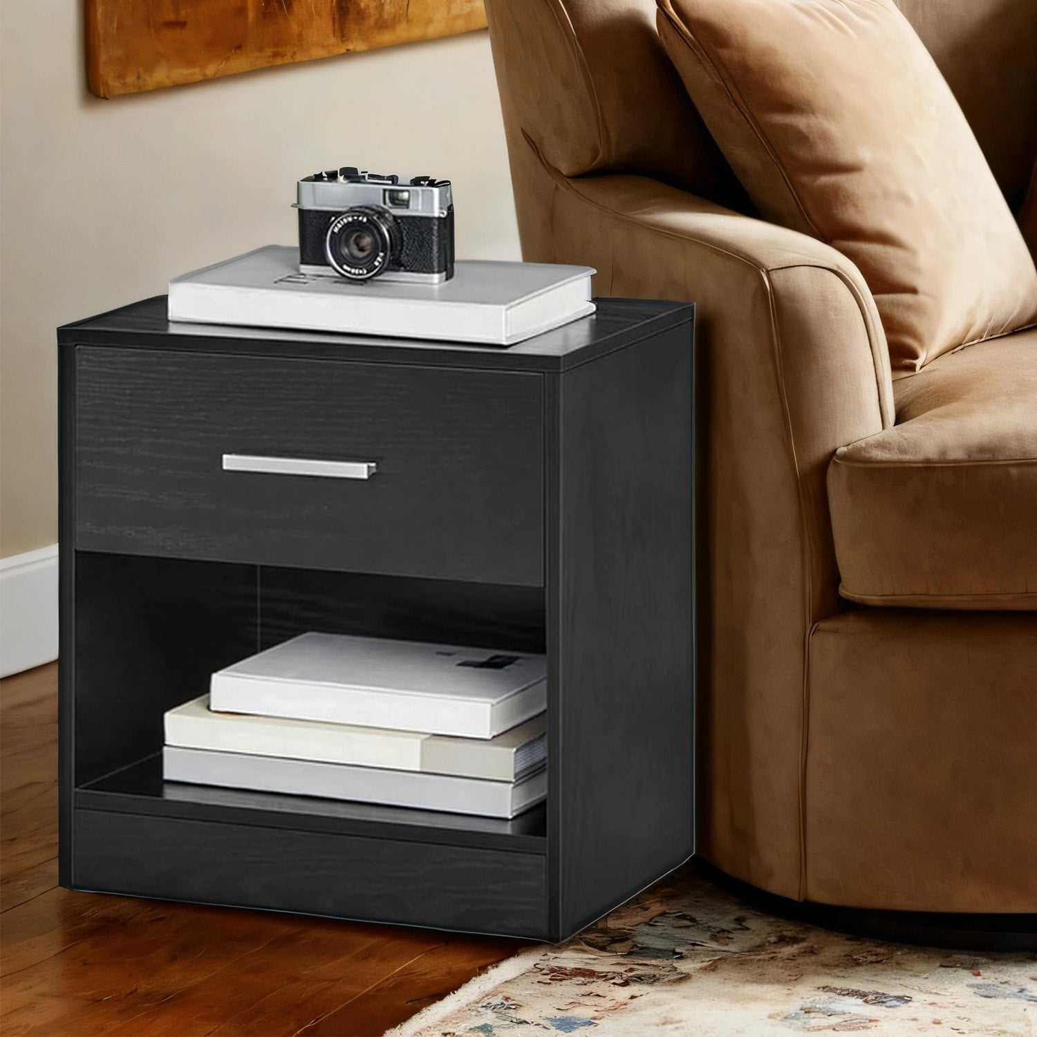 Nightstands – Wood – Brown – Set of 2 with Drawer and Open Compartment