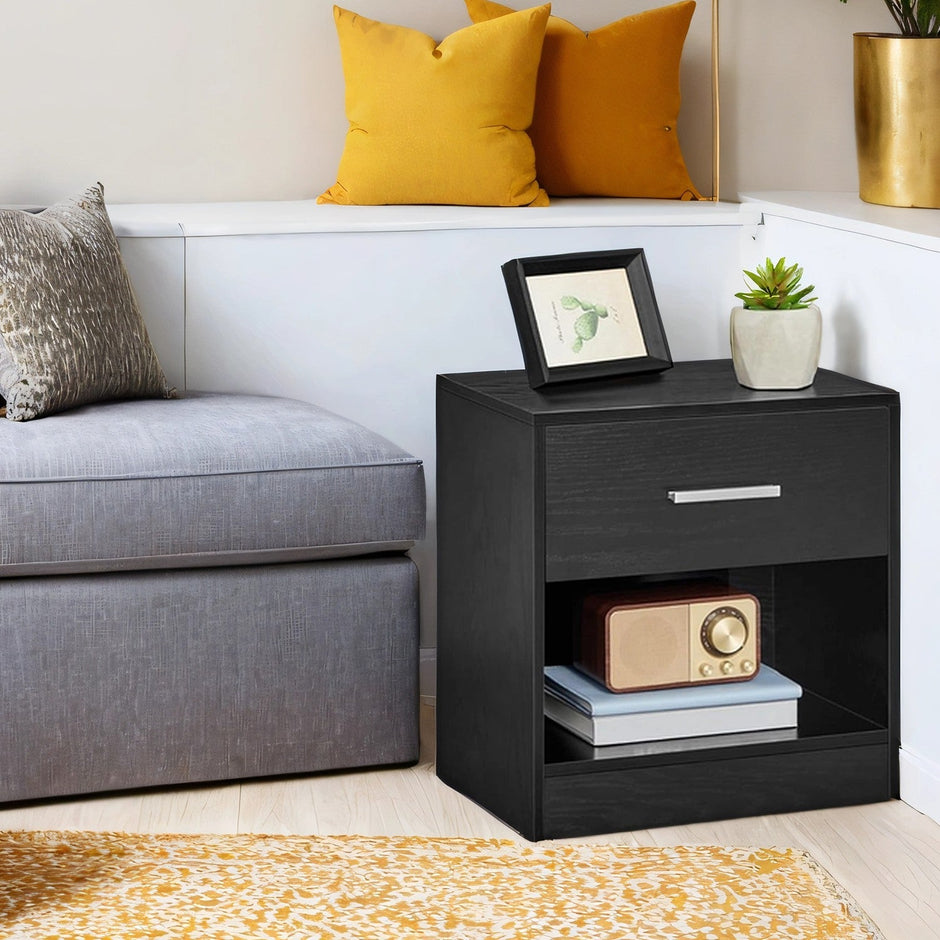 Nightstands – Wood – Brown – Set of 2 with Drawer and Open Compartment
