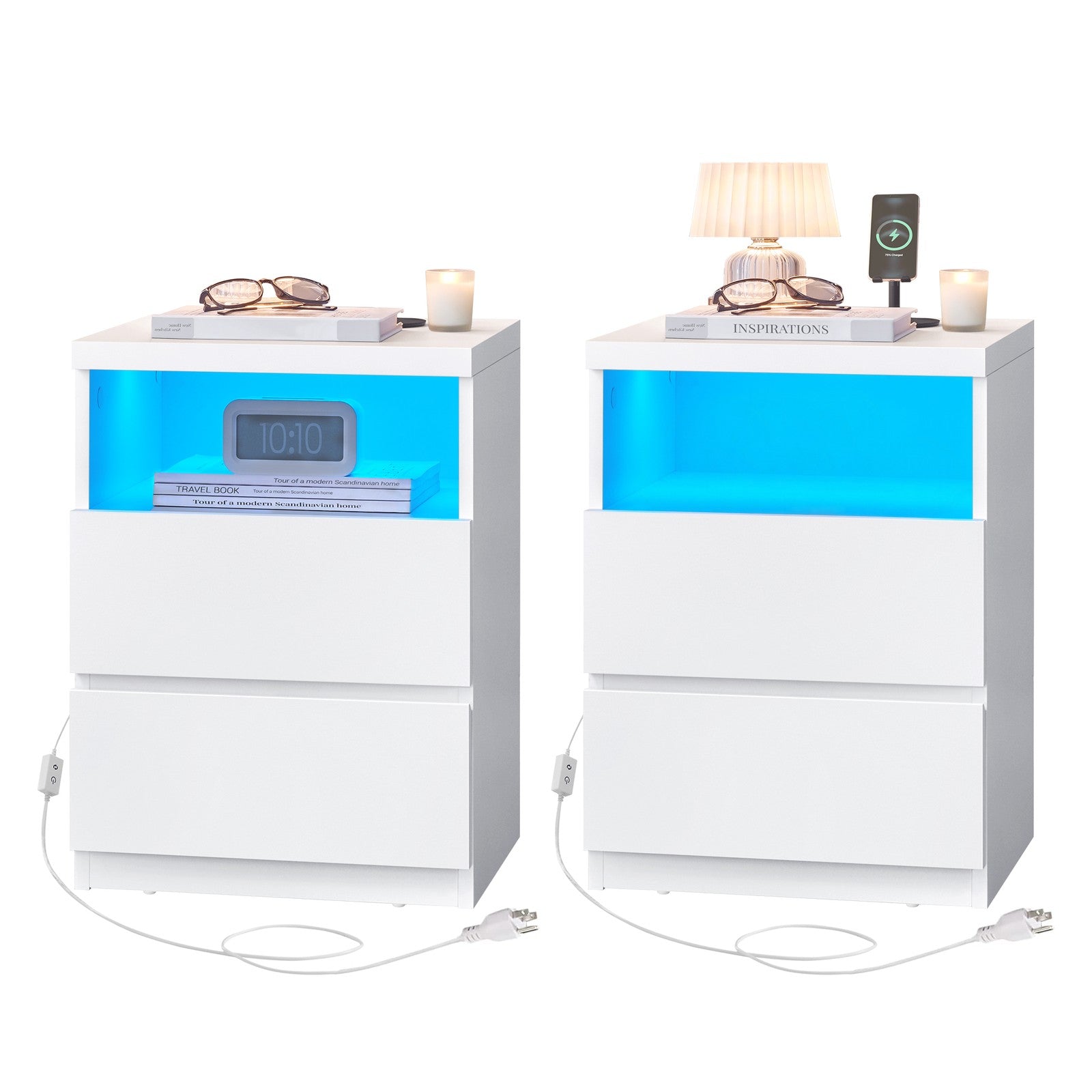 Set of 2 Nightstands – Wood – White – with Adjustable LED Light and Drawers