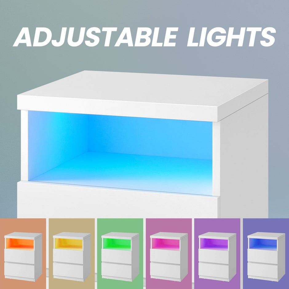 Set of 2 Nightstands – Wood – White – with Adjustable LED Light and Drawers