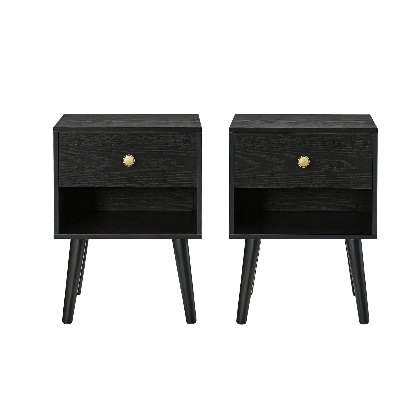 Nightstands Set of 2 – Solid Wood – Ebony Black – Storage Drawer and Open Shelf