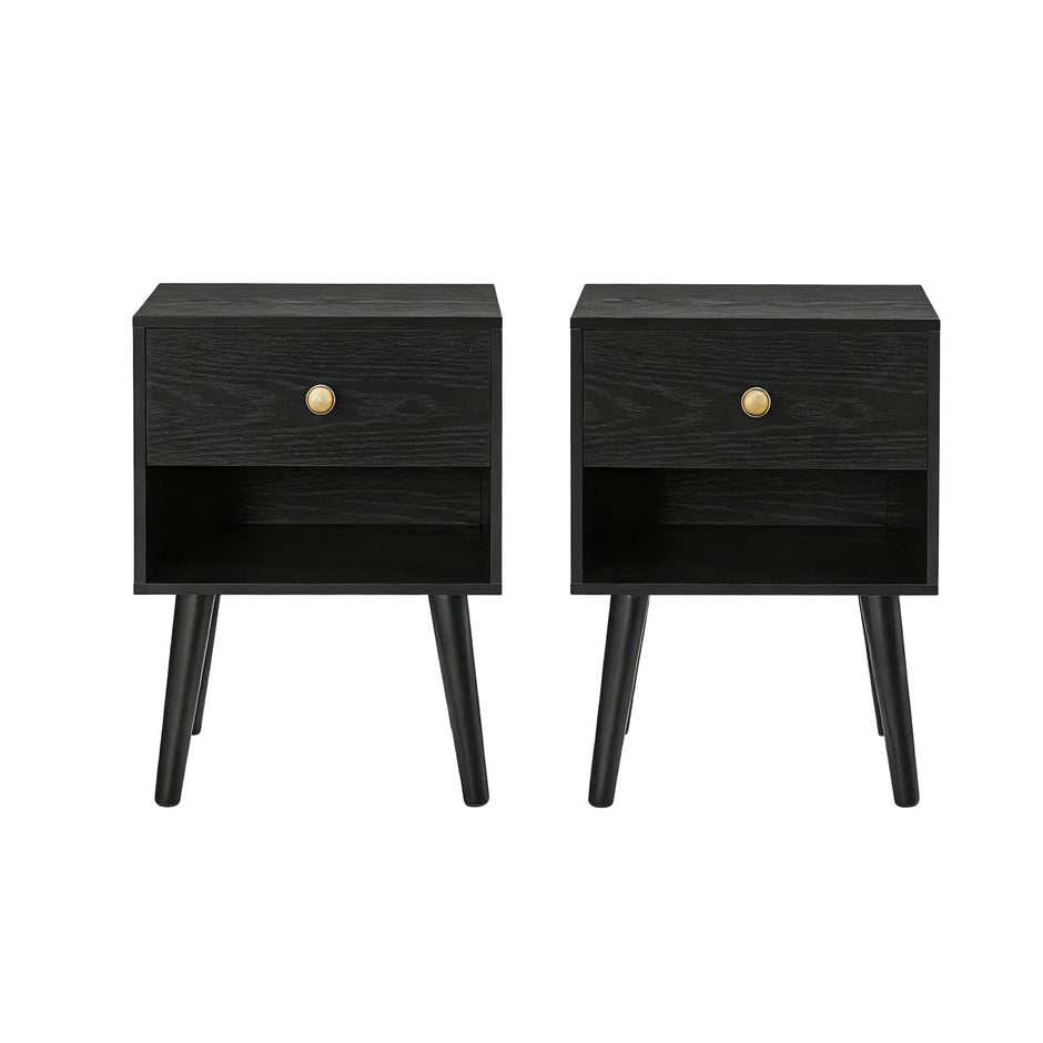 Nightstands Set of 2 – Solid Wood – Ebony Black – Storage Drawer and Open Shelf