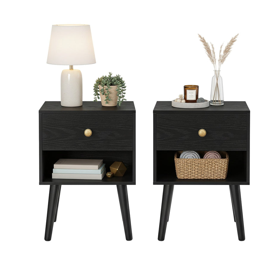 Nightstands Set of 2 – Solid Wood – Ebony Black – Storage Drawer and Open Shelf