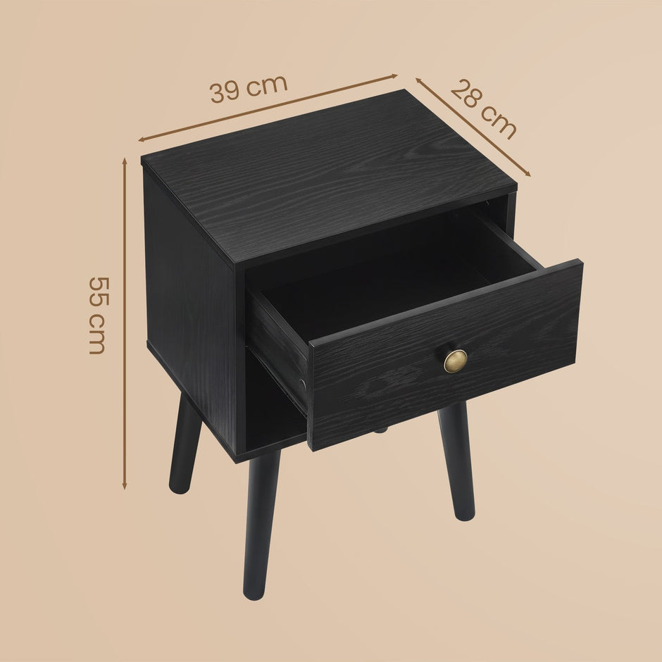 Nightstands Set of 2 – Solid Wood – Ebony Black – Storage Drawer and Open Shelf