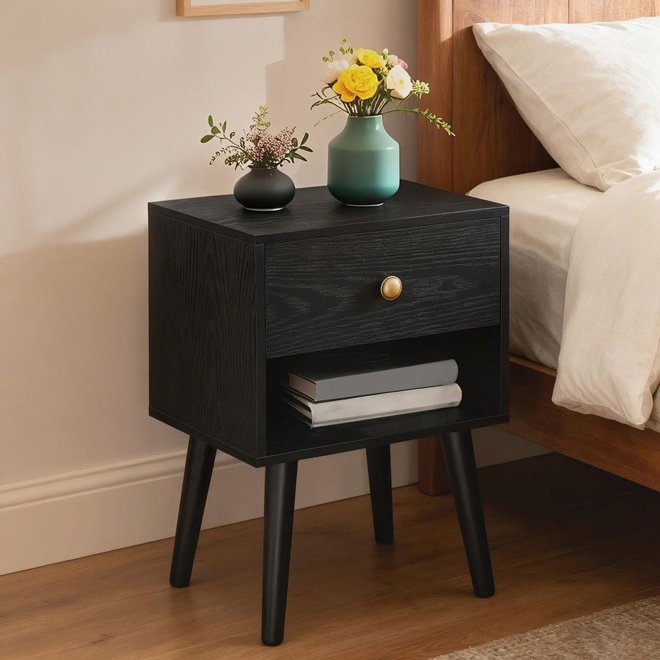 Nightstands Set of 2 – Solid Wood – Ebony Black – Storage Drawer and Open Shelf