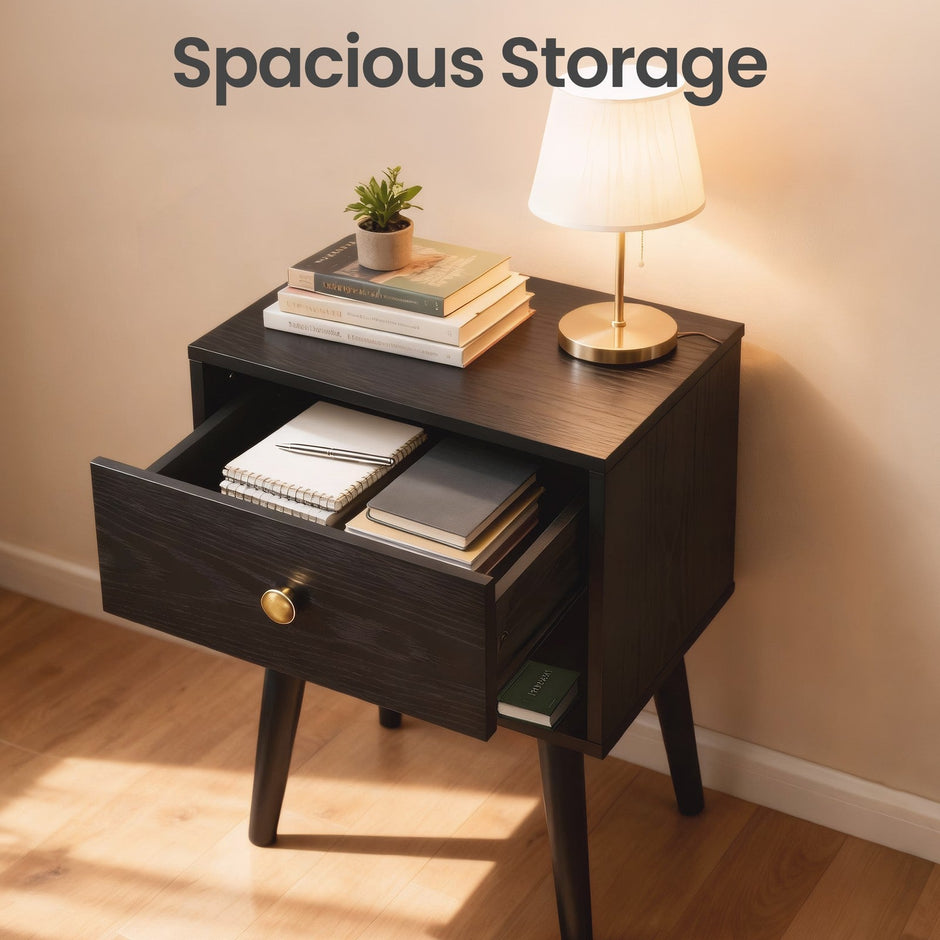 Nightstands Set of 2 – Solid Wood – Ebony Black – Storage Drawer and Open Shelf
