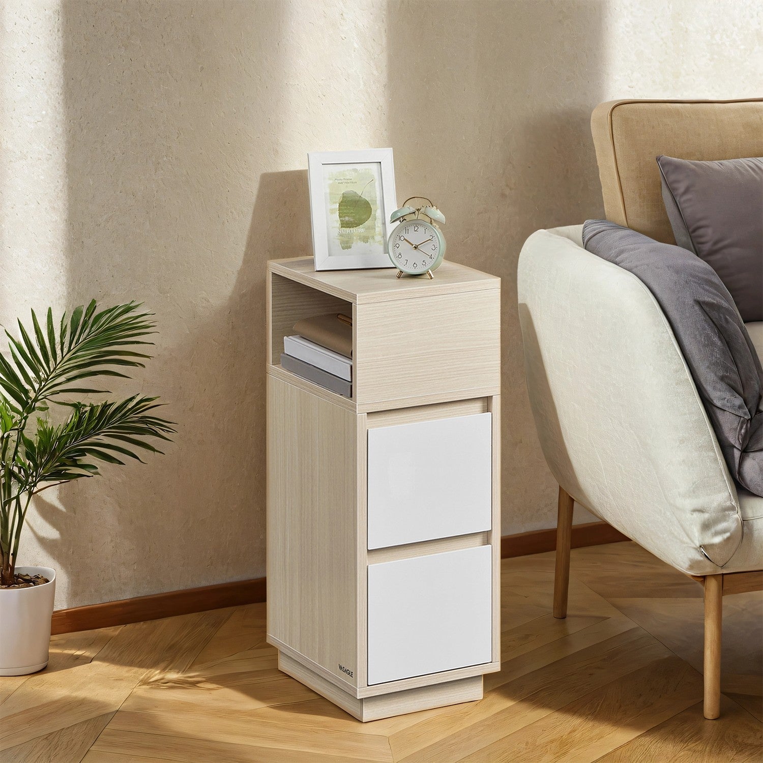 Set of 2 Narrow Side Tables – Wood – Beige – Slim Design with 2 Drawers and 1 Open Compartment