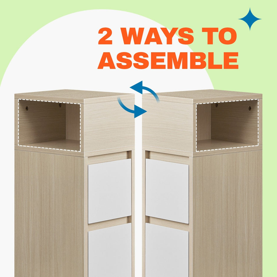 Set of 2 Narrow Side Tables – Wood – Beige – Slim Design with 2 Drawers and 1 Open Compartment