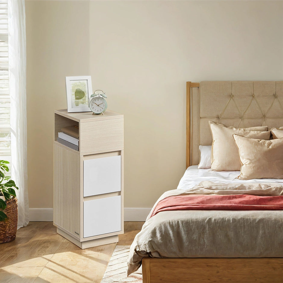 Set of 2 Narrow Side Tables – Wood – Beige – Slim Design with 2 Drawers and 1 Open Compartment