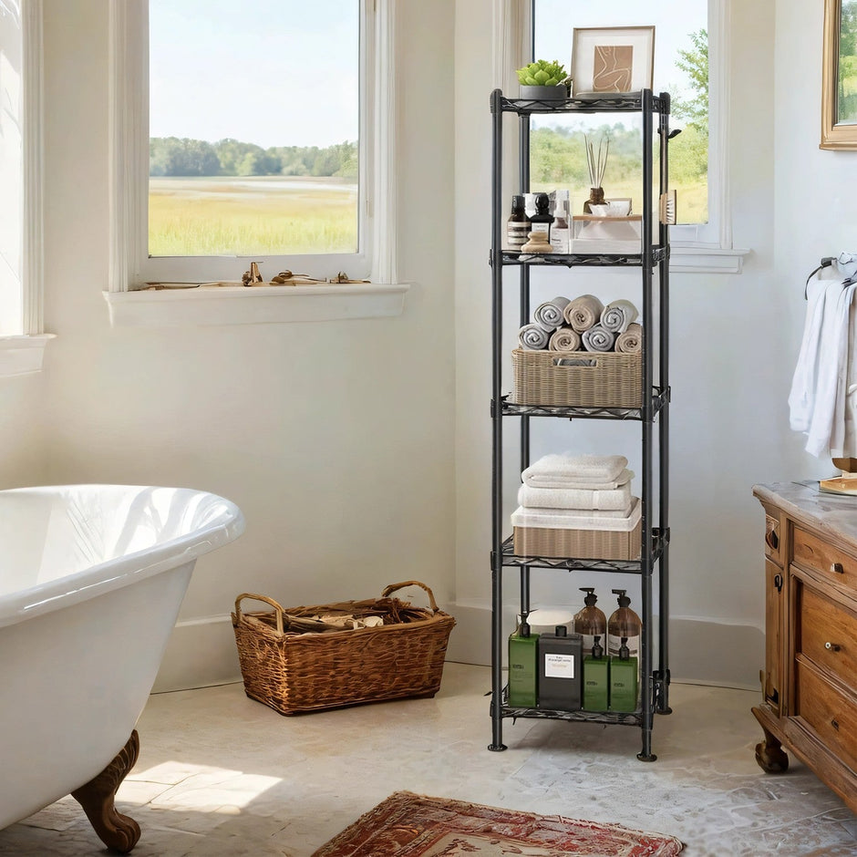Metal Bathroom Shelf – Black – 5-Tier with Removable Hooks and Expandable Design