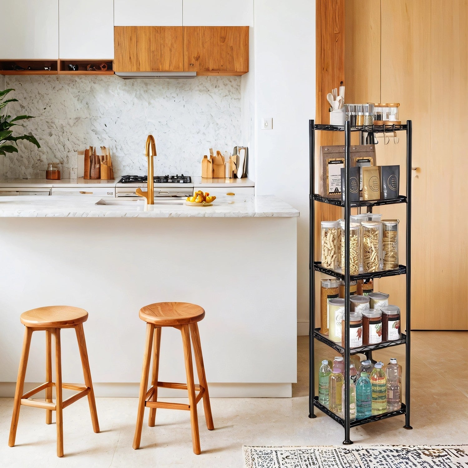 Metal Bathroom Shelf – Black – 5-Tier with Removable Hooks and Expandable Design
