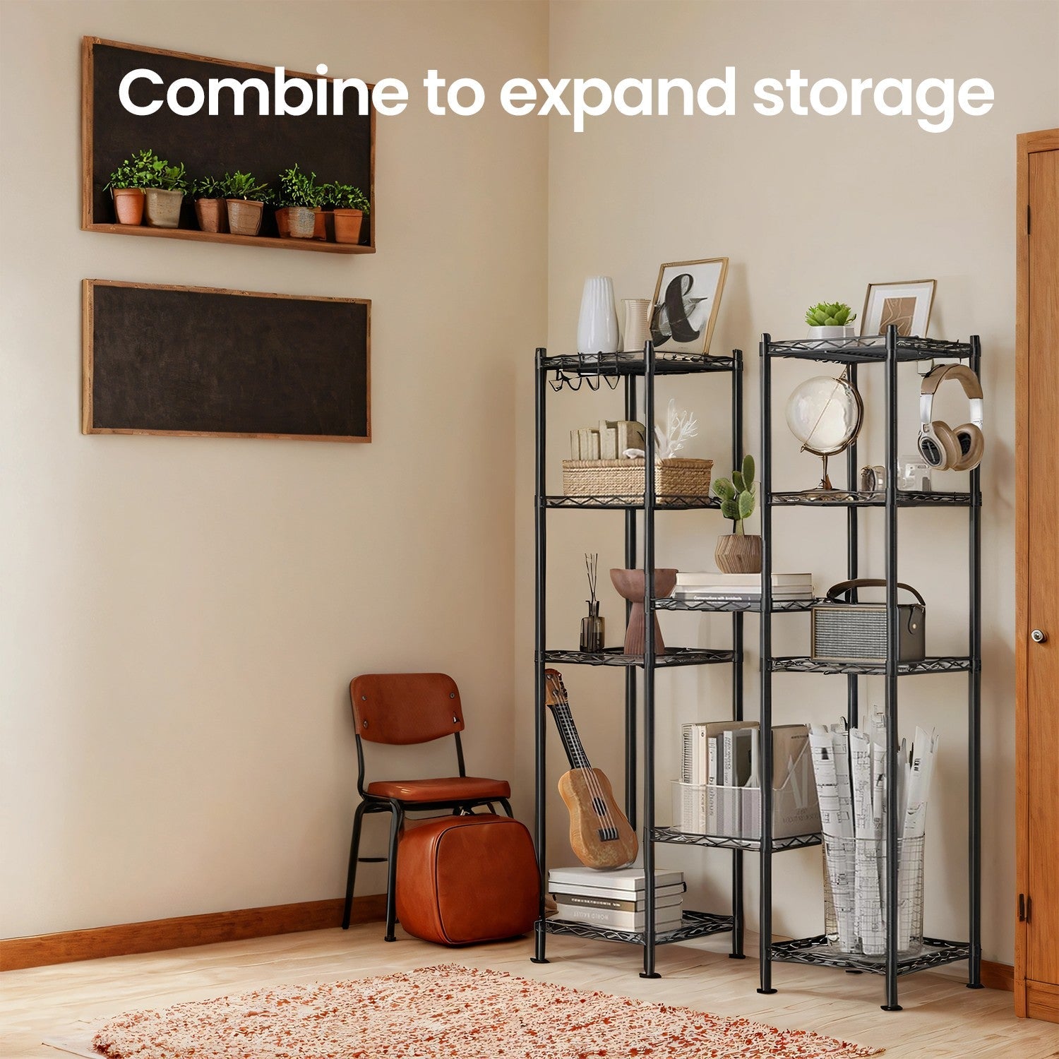 Metal Bathroom Shelf – Black – 5-Tier with Removable Hooks and Expandable Design